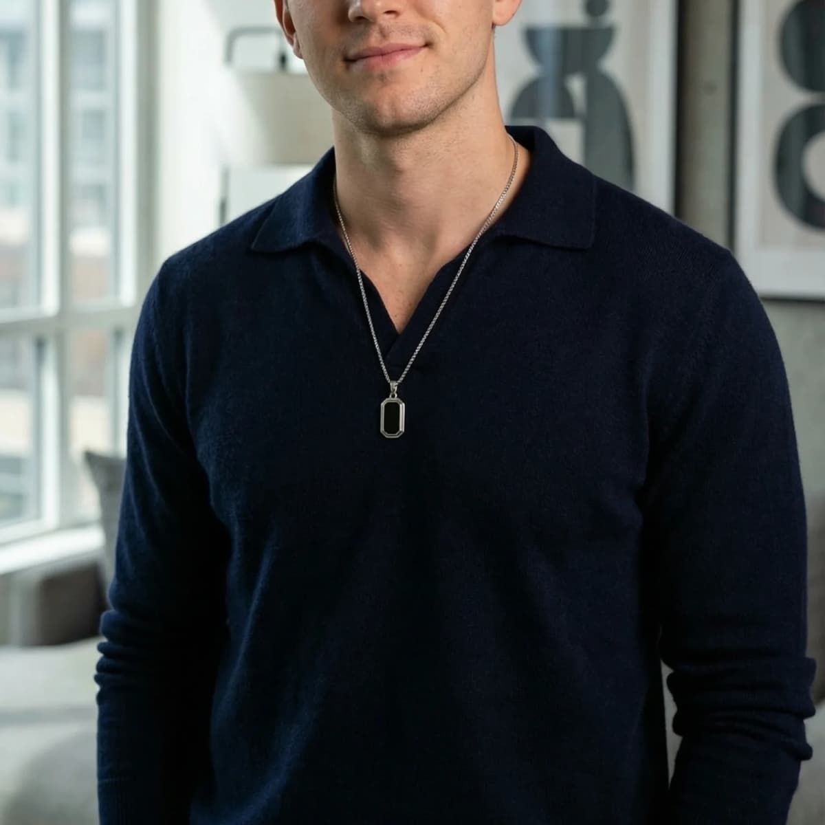 Minimalist Sterling Silver Black Onyx Rectangular Pendant Necklace image 1