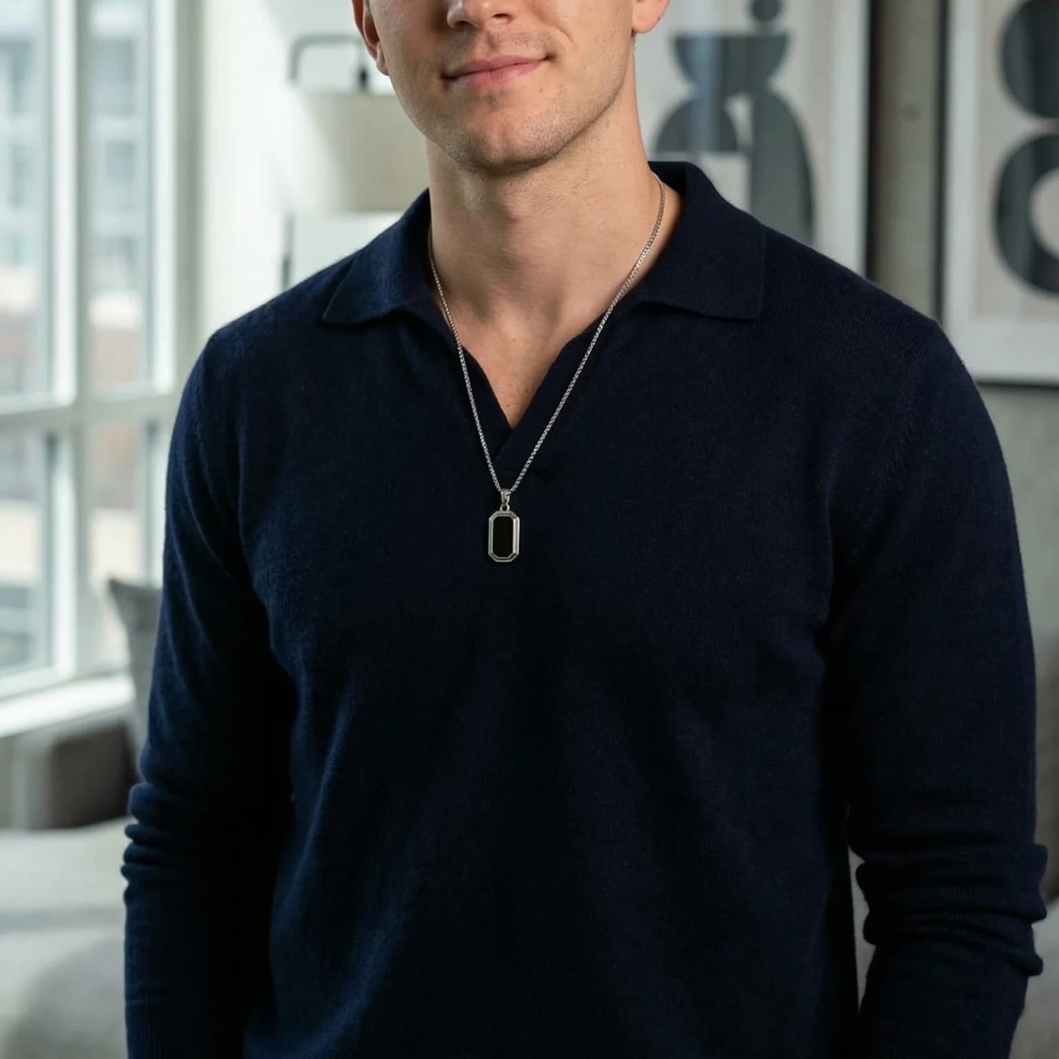 Minimalist Sterling Silver Black Onyx Rectangular Pendant Necklace