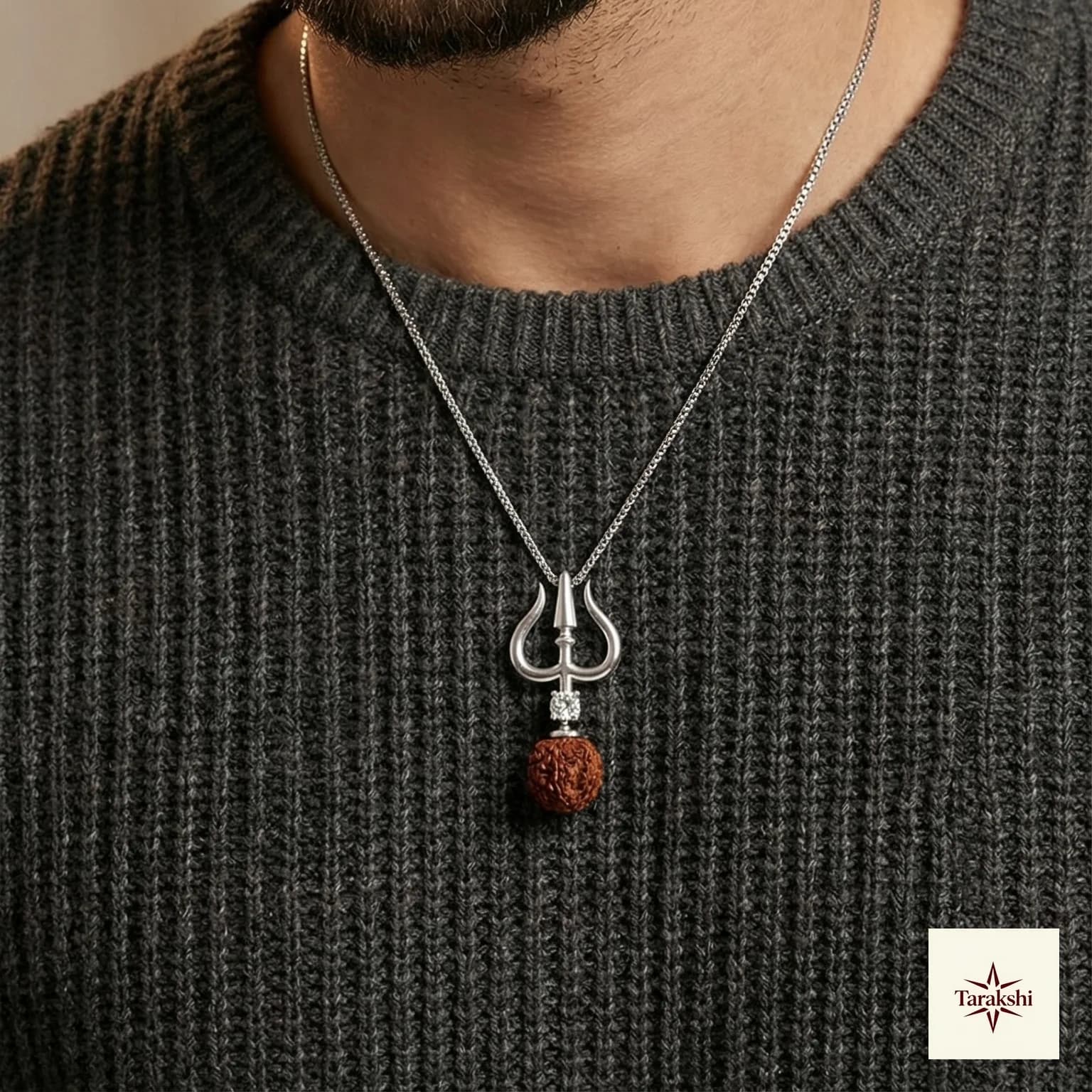 Divine Trishul Rudraksha Sterling Silver Pendant Necklace