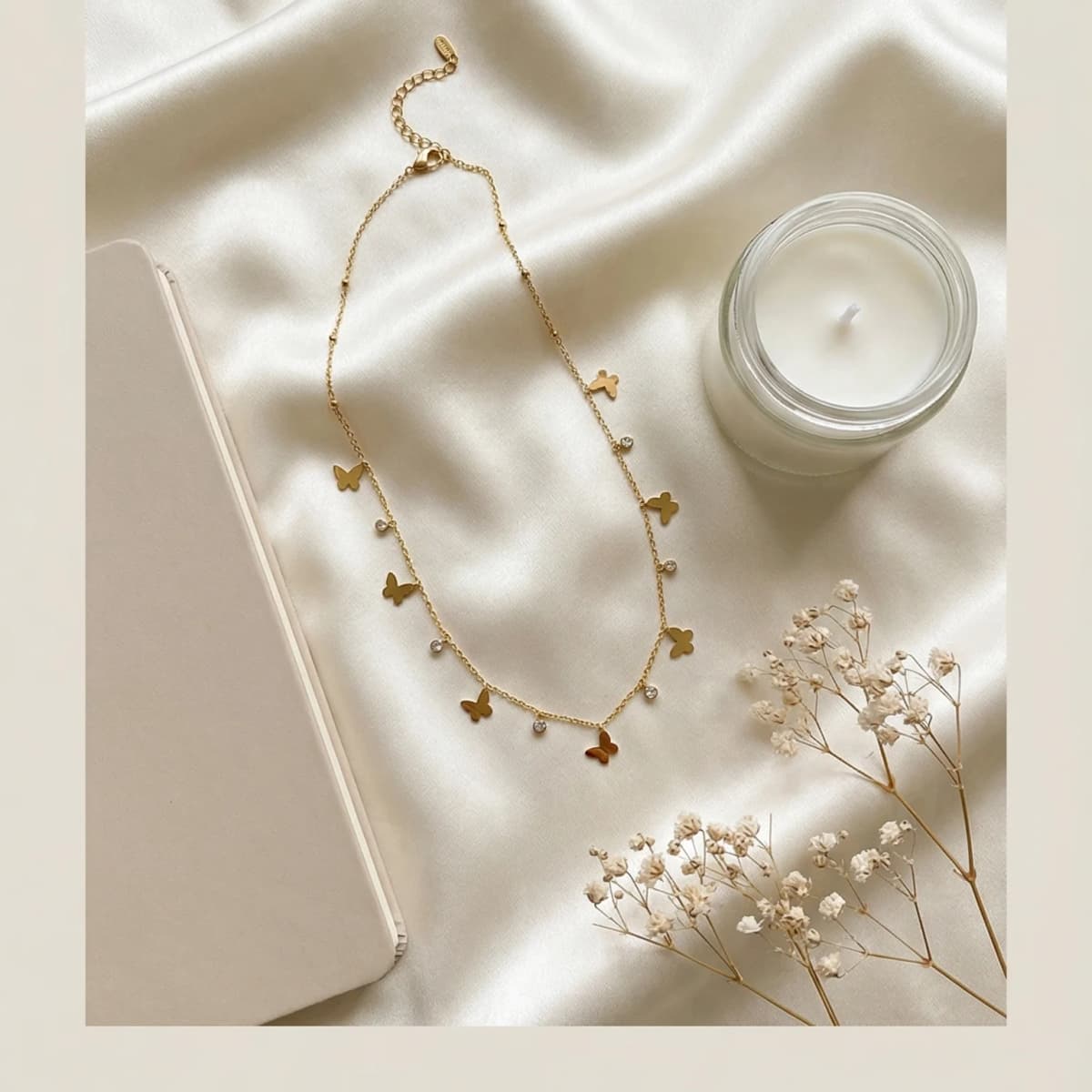 Delicate Gold Butterfly & Stone Station Necklace image 1