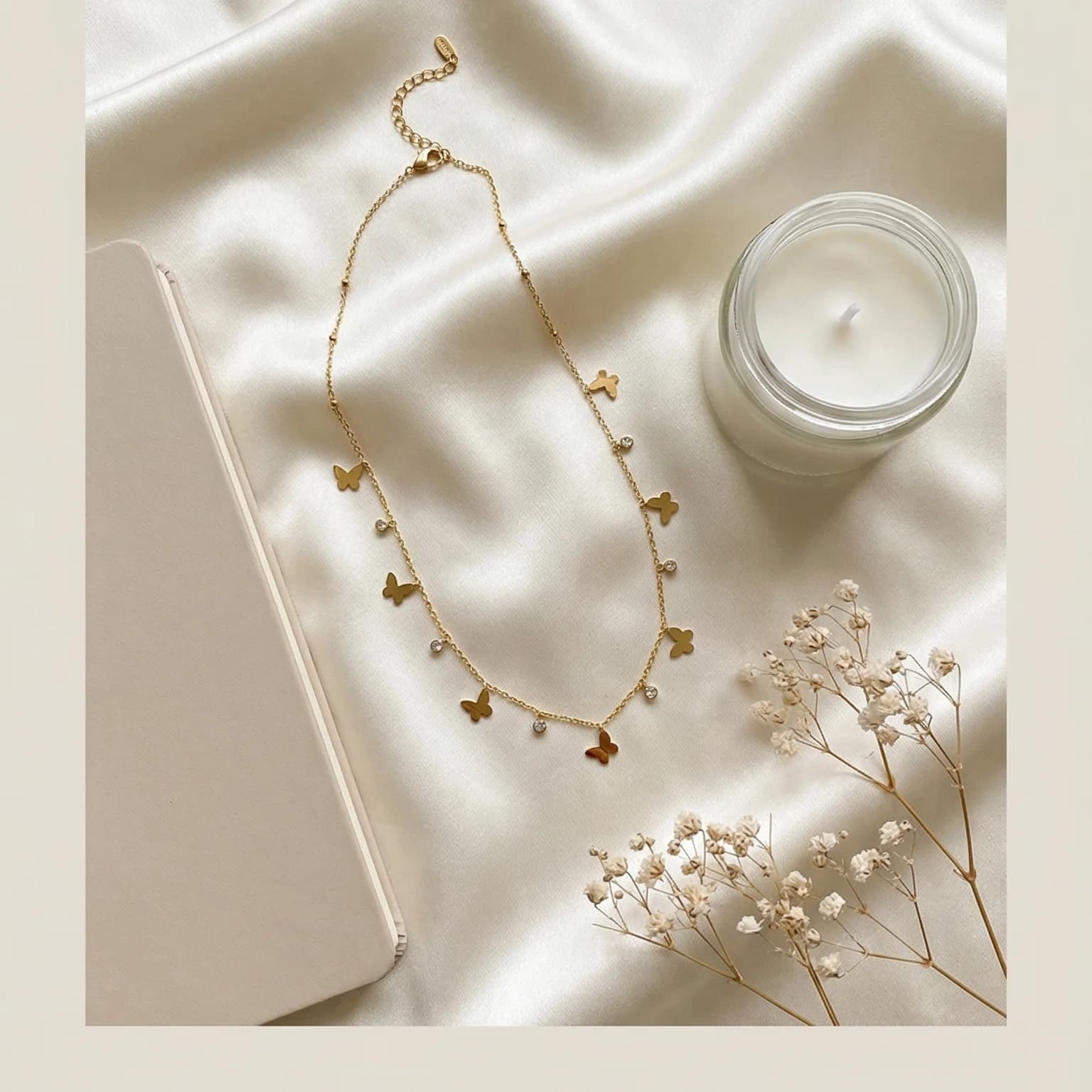 Delicate Gold Butterfly & Stone Station Necklace