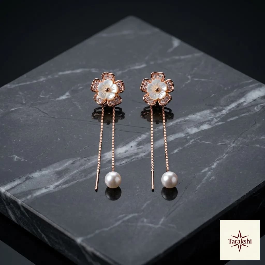 Delicate Rose Gold Plated Silver Floral Threader Earrings with Mother of Pearl & Pearls image 1
