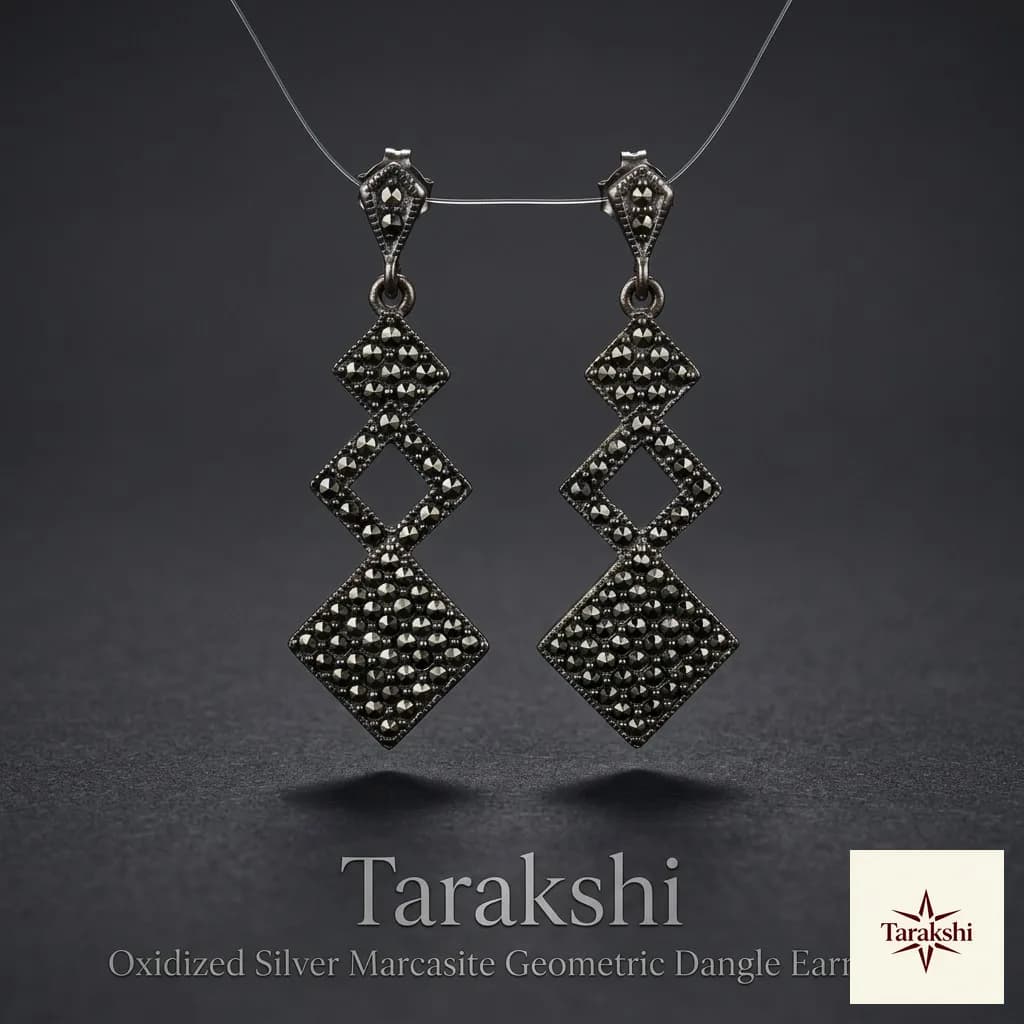 Tarakshi Oxidized Silver Marcasite Geometric Dangle Earrings image 1