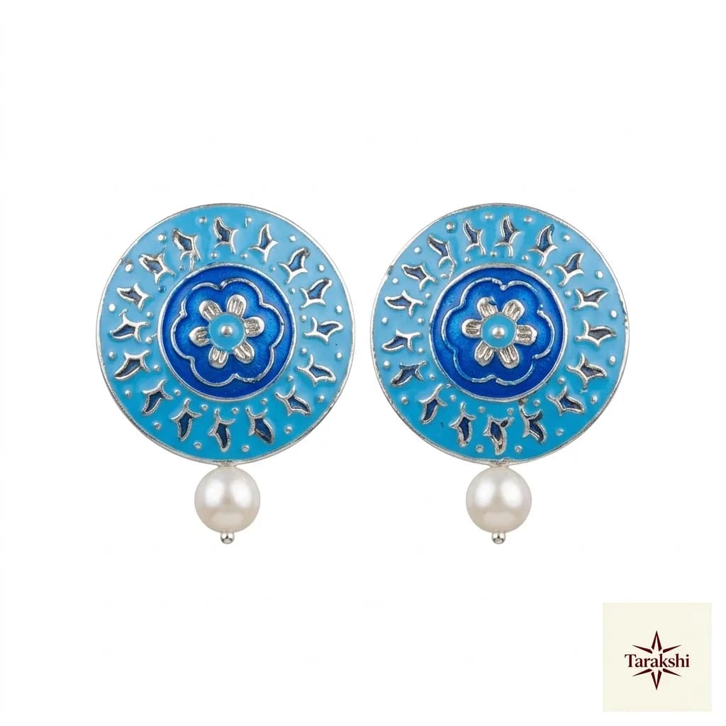 Azure Bloom Meenakari Silver Pearl Stud Earrings