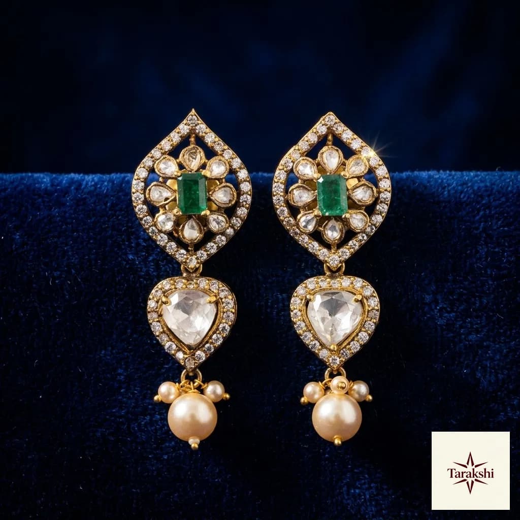 Emerald & Polki CZ Heart Drop Gold Plated Silver Earrings image 1