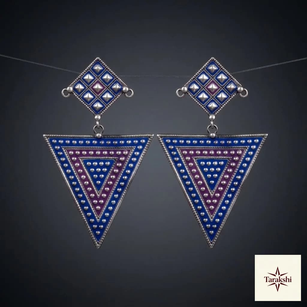 Geometric Enamel Oxidized Silver Drop Earrings