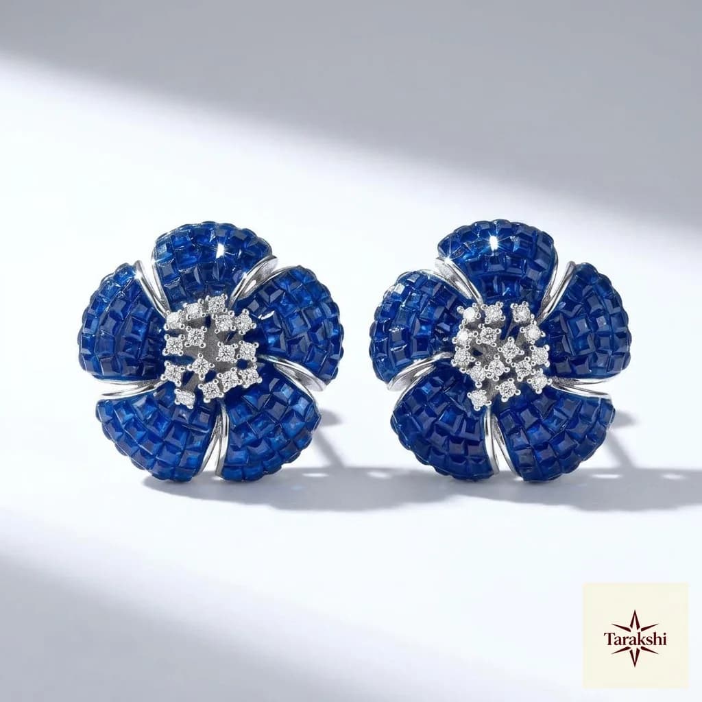 Sapphire Blue Floral Cluster Silver Stud Earrings image 1