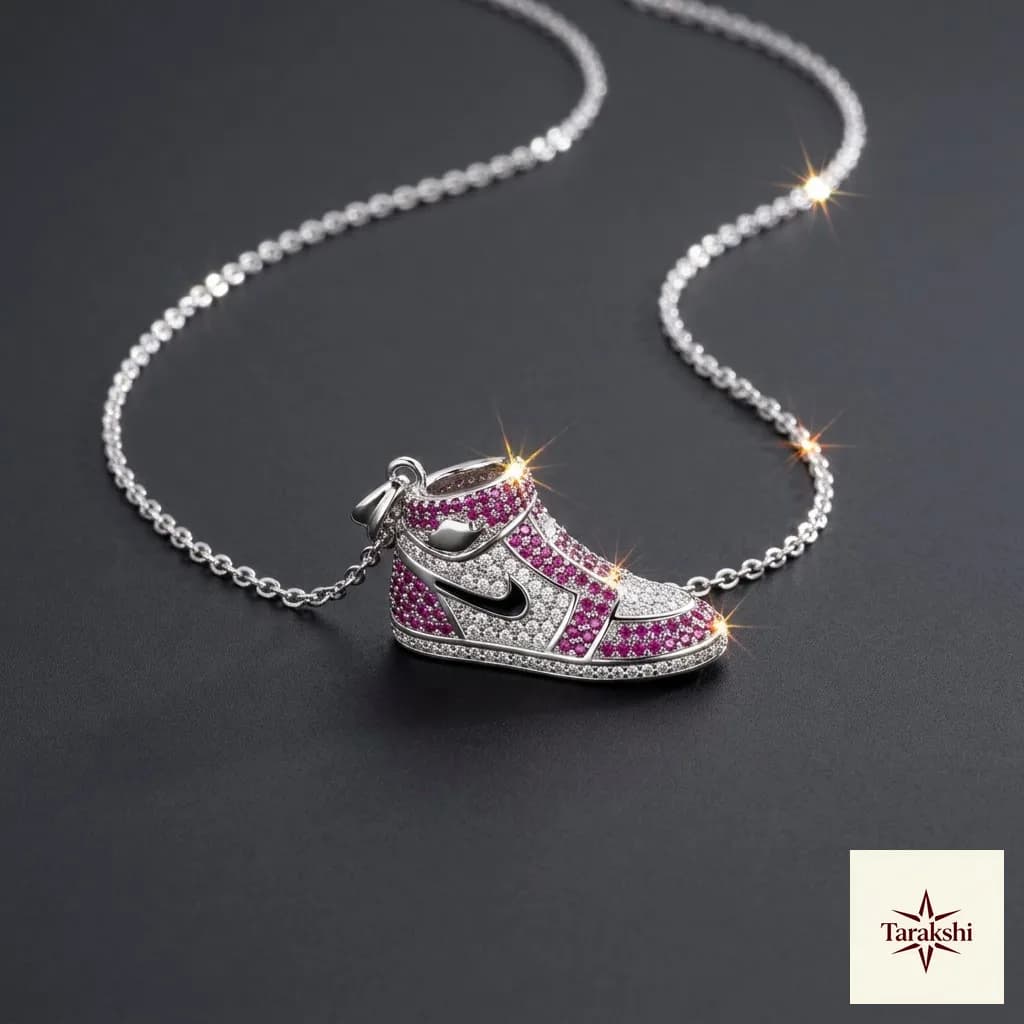 Sterling Silver Sneaker Pendant Necklace with Ruby CZ image 1