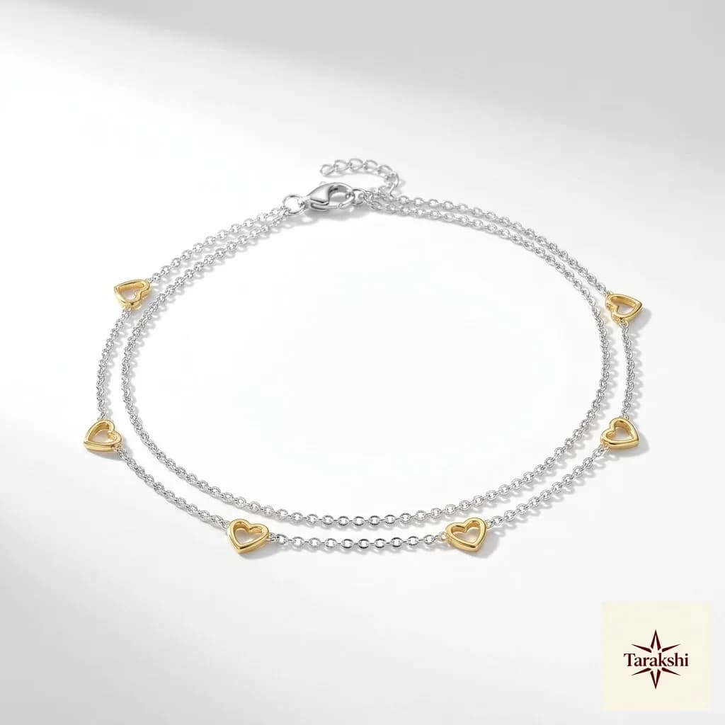 Dual Chain Sterling Silver Anklets with Gold-Plated Hearts image 1