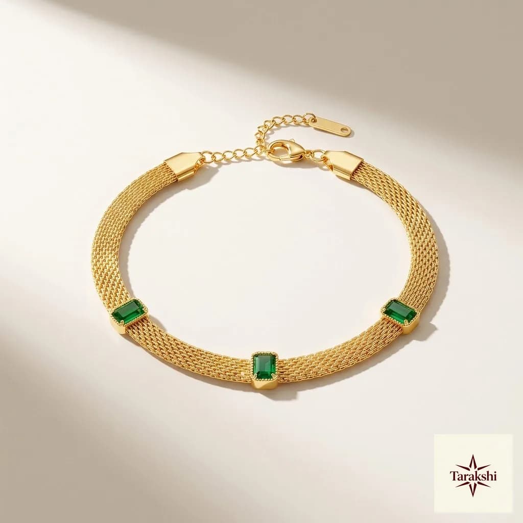 Gold-Plated Mesh Bracelet with Emerald Green Gemstones image 1