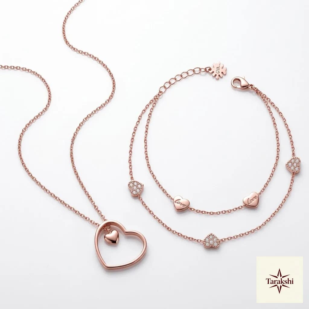 Rose Gold Plated Sterling Silver Love Hearts Necklace & Bracelet Set