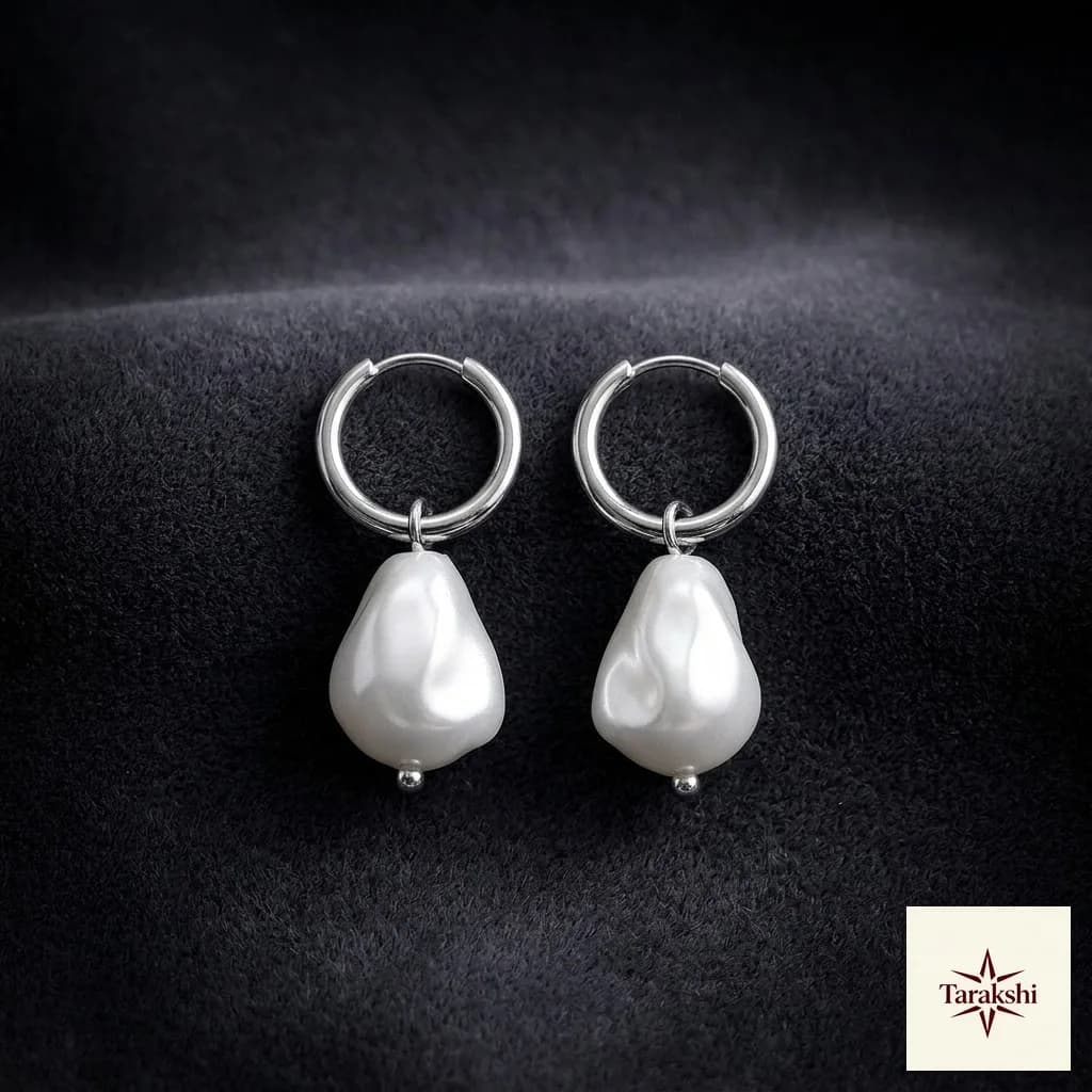 Silver Baroque Pearl Hoop Earrings image 1