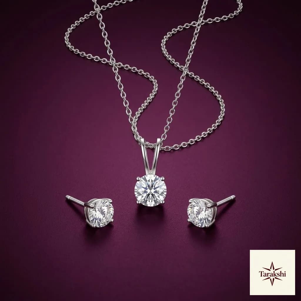 Sparkling Solitaire Silver Pendant & Stud Earrings Set