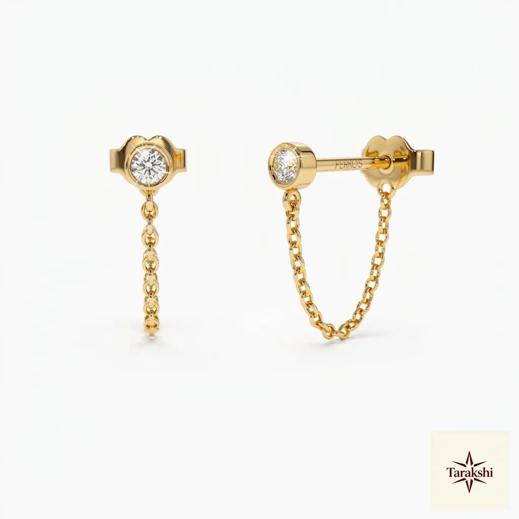 Gold Plated Bezel CZ Chain Stud Earrings