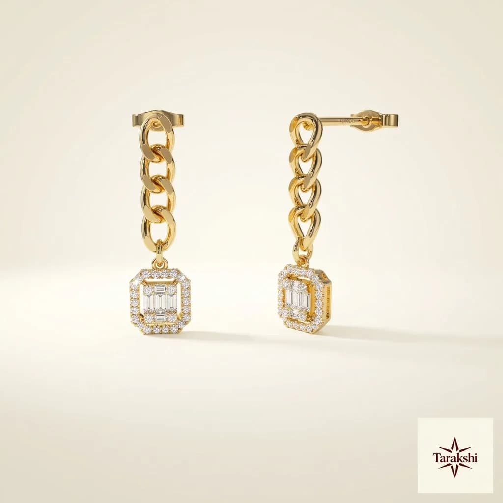 Gold Plated Chain Dangle Earrings with Baguette & Round CZ