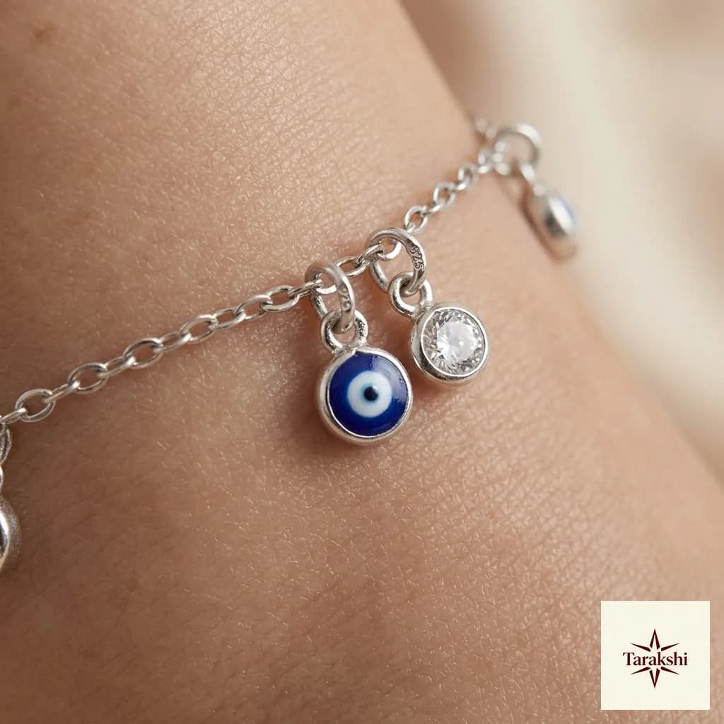 Aura Protection Sterling Silver Evil Eye Anklet with Zircon