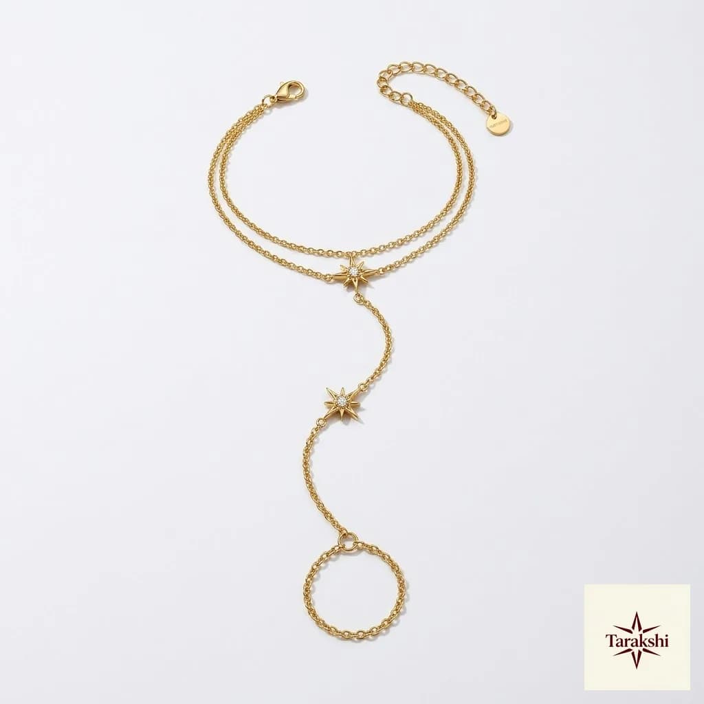 Celestial Star Gold Plated Silver Hand Chain Bracelet with Ring