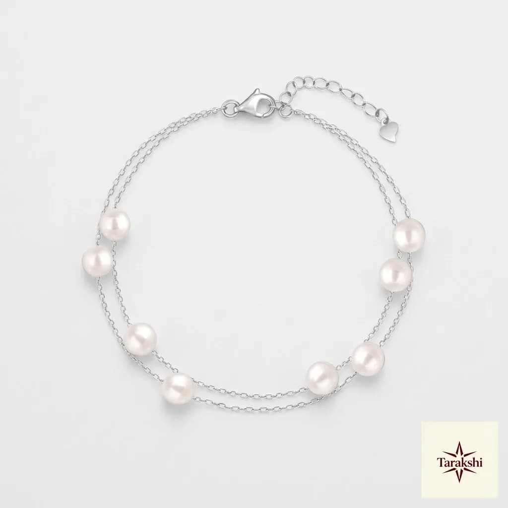 Delicate Double Chain Silver Pearl Bracelet image 1