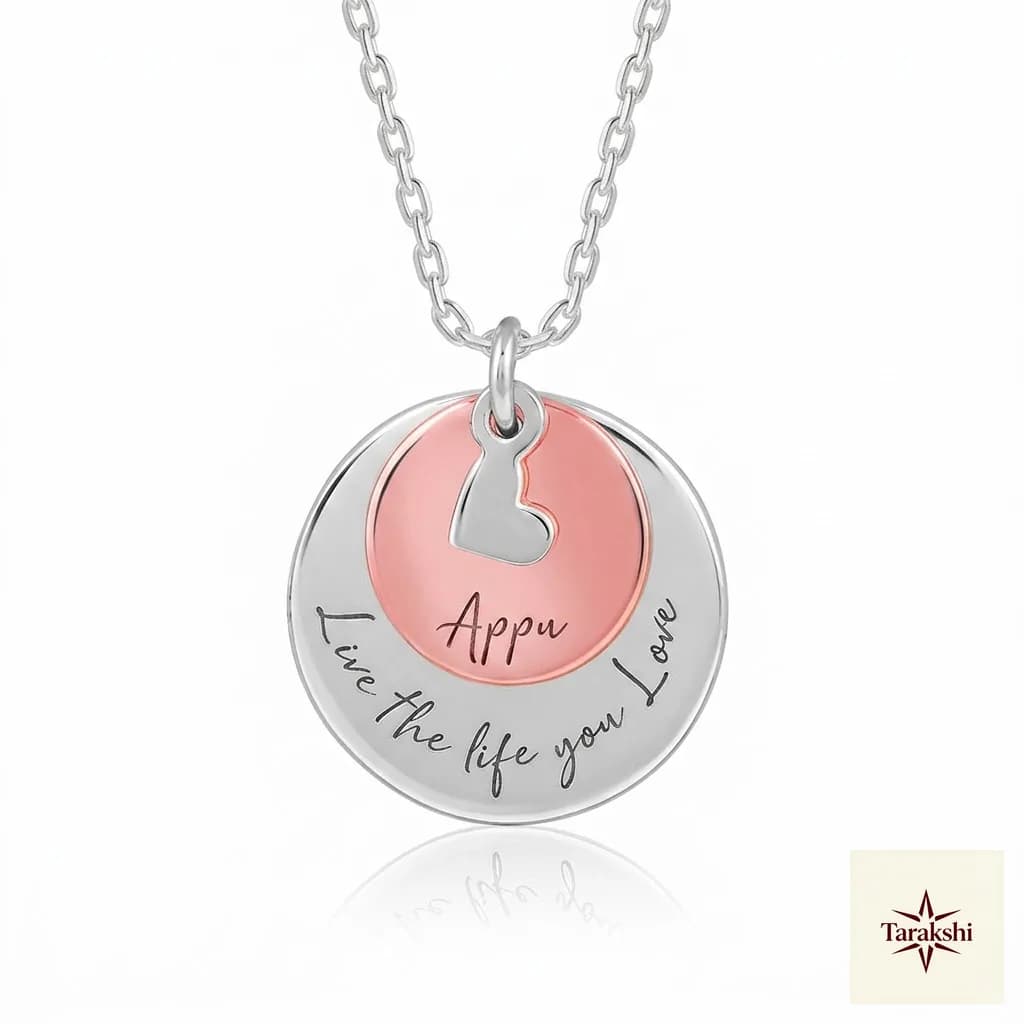 Personalized Dual Disc Silver Necklace with Pink Enamel Heart