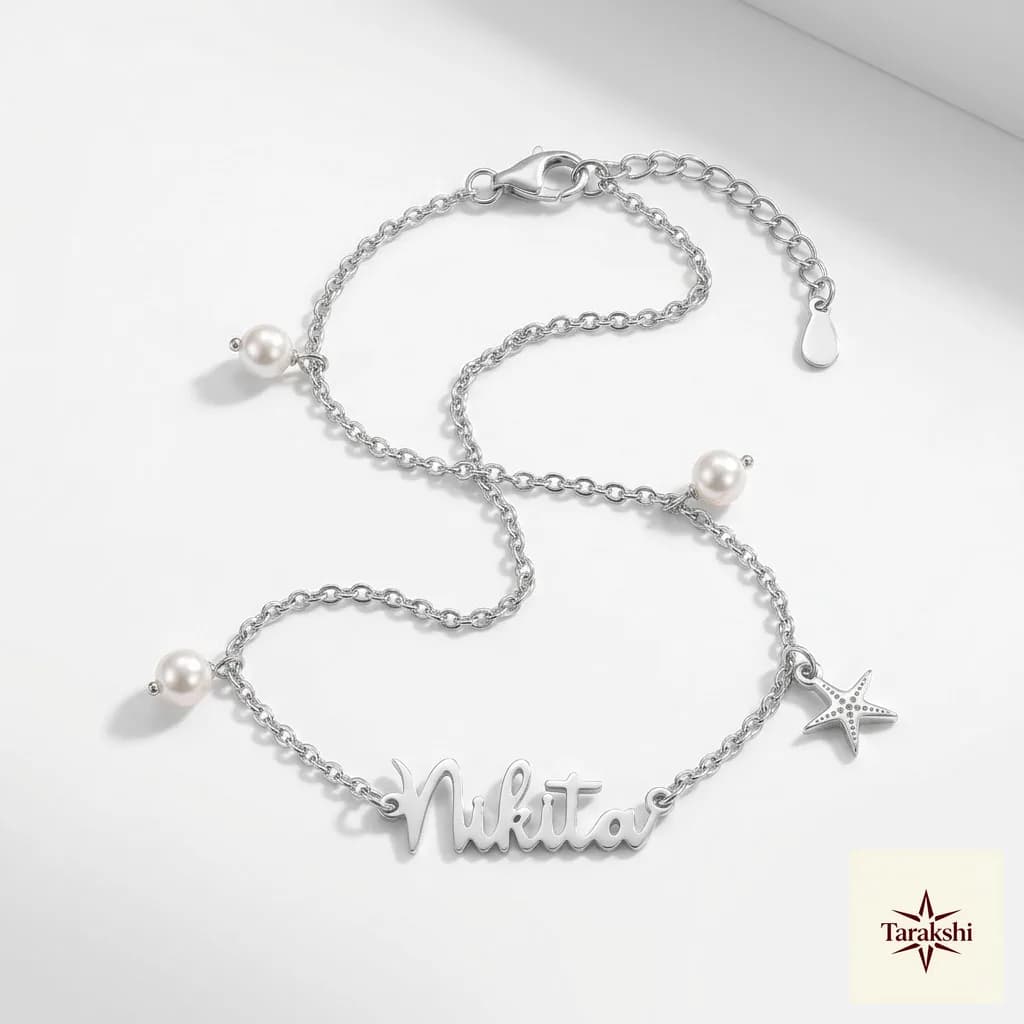 Personalized Silver Name Bracelet with Pearls & Starfish Charm