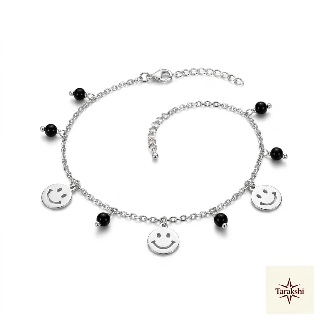 Playful Smiley Charm Silver Anklet with Black Beads