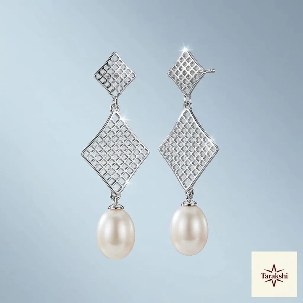 Contemporary Silver Mesh Drop Earrings with Freshwater Pearl