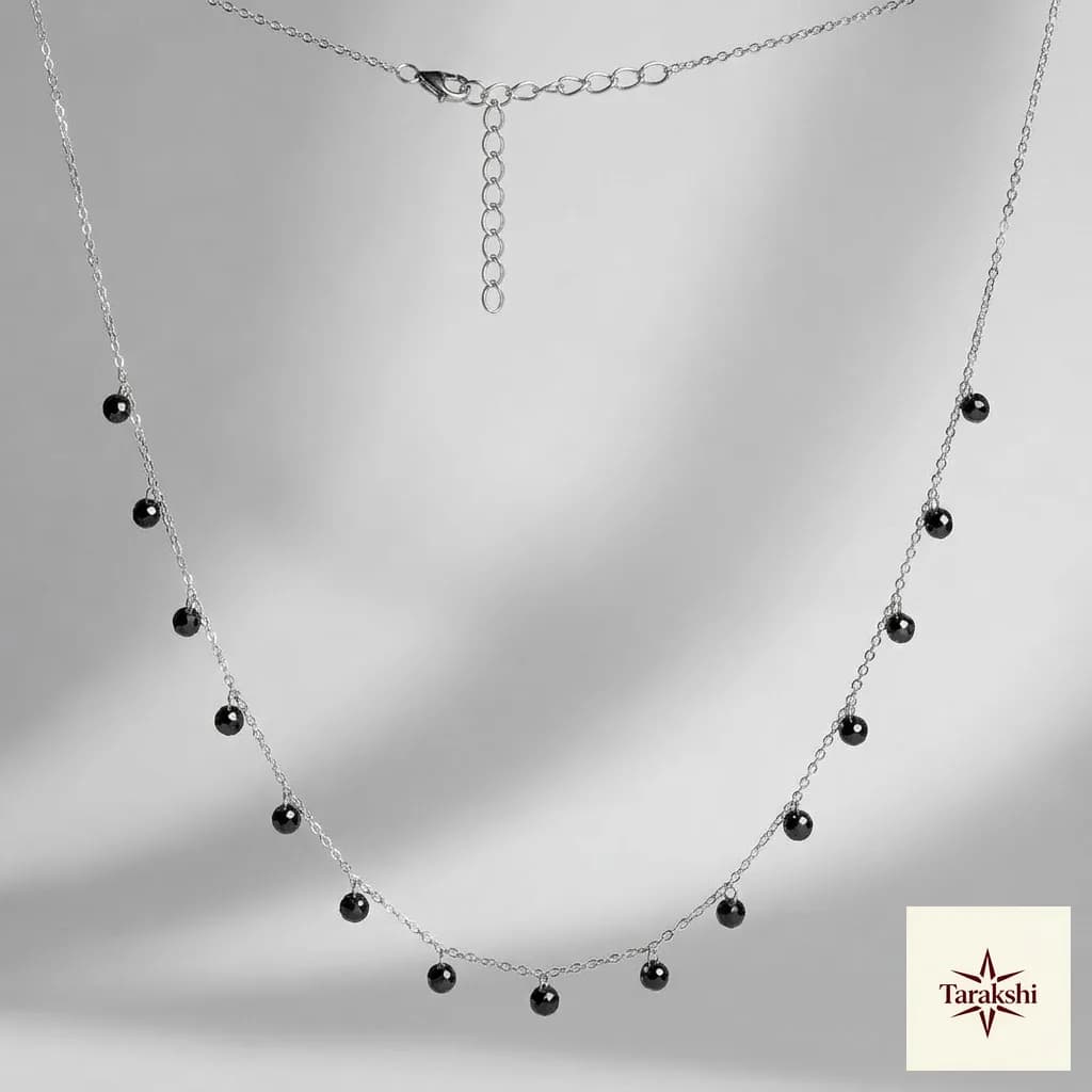 Dainty Black Spinel Silver Beaded Choker Necklace
