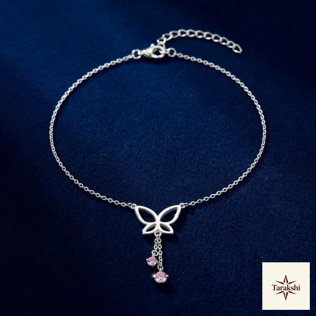 Delicate Butterfly Silver Anklets with Pink Gemstones