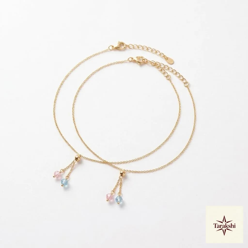 Delicate Gold-Plated Silver Anklets with Rose Quartz & Blue Topaz image 1