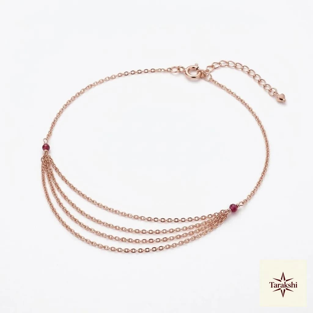 Delicate Multi-Strand Ruby Rose Gold Plated Silver Anklet