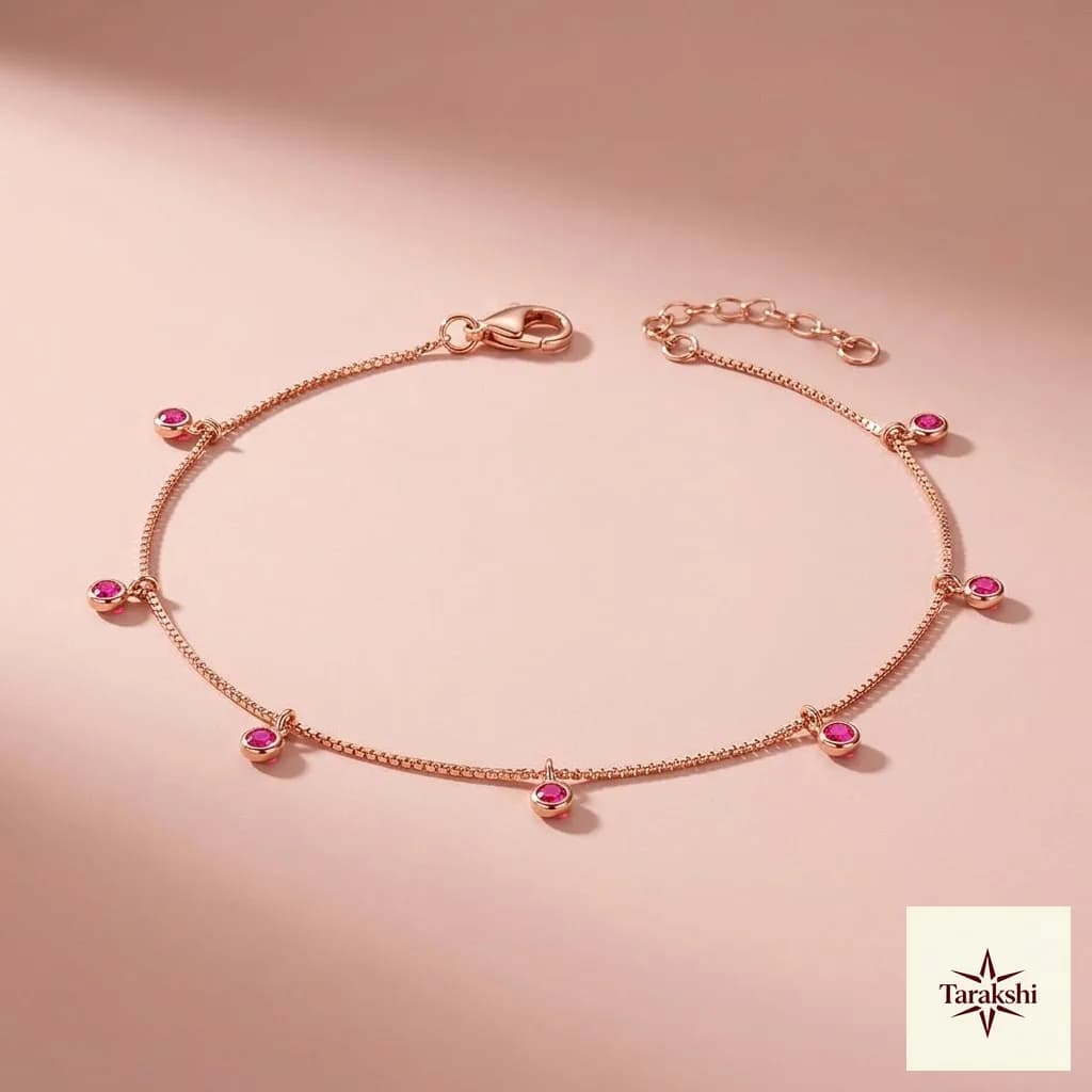 Delicate Rose Gold Plated Silver Anklet with Ruby Charms image 1