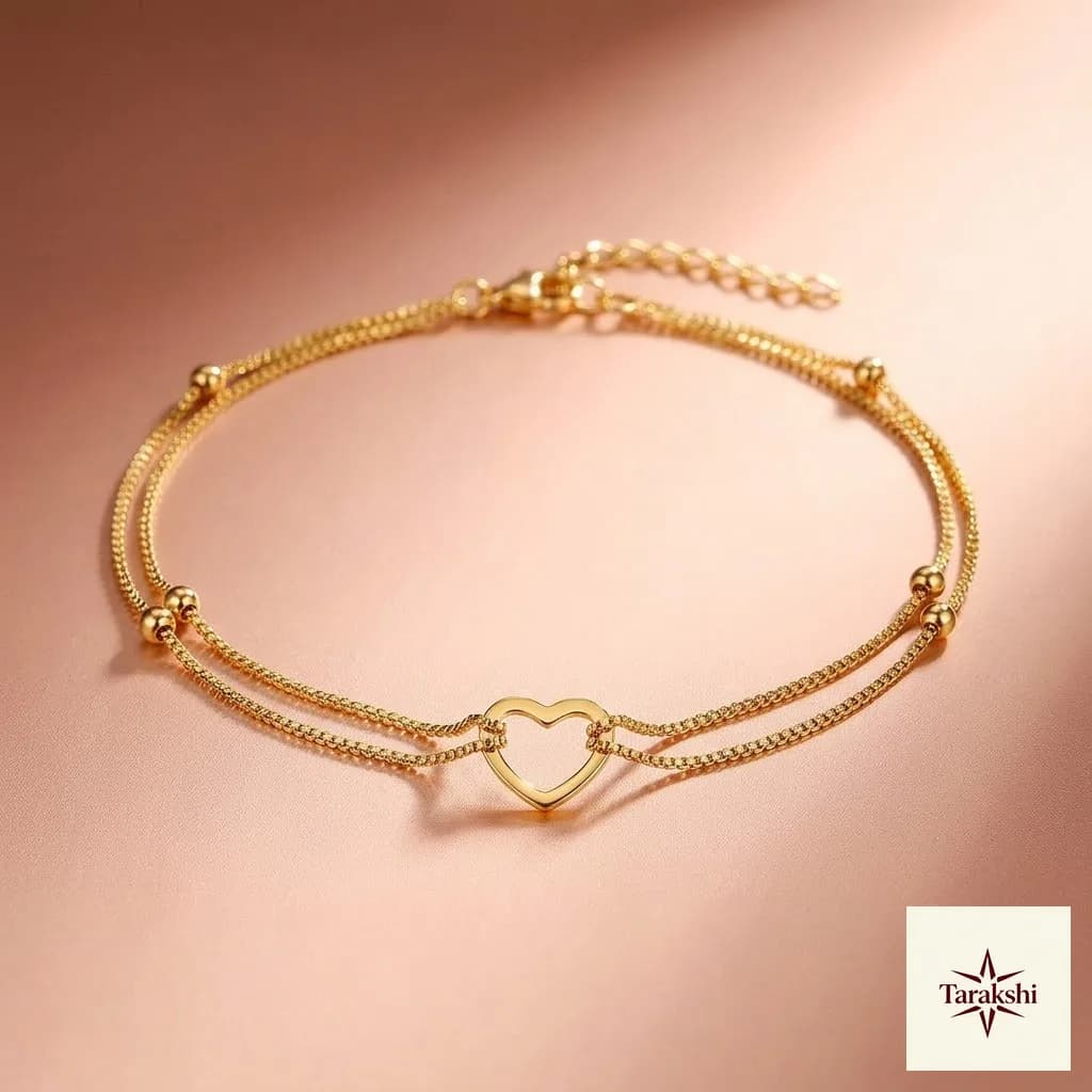 Gold-Plated Sterling Silver Heart Charm Double Chain Anklet image 1