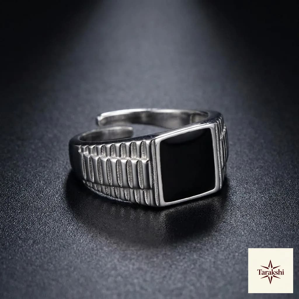 Regal Ribbed Sterling Silver Signet Adjustable Ring with Black Enamel image 1