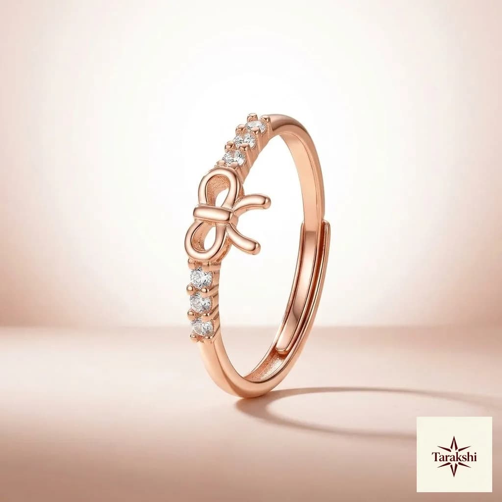 Rose Gold Bow & Sparkle Adjustable Silver Ring image 1