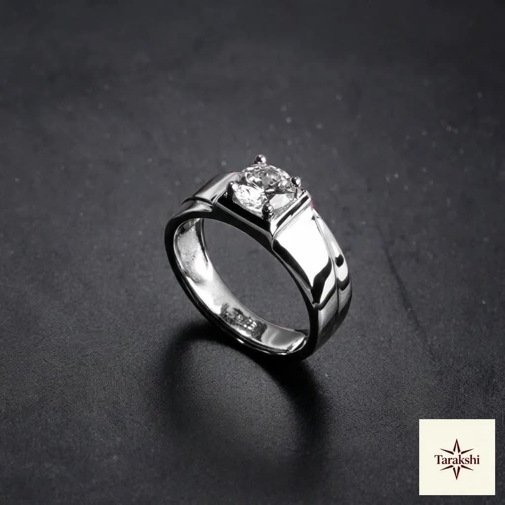 Tarakshi Men's Sterling Silver Solitaire Ring with Diamond Stimulant Adjustable