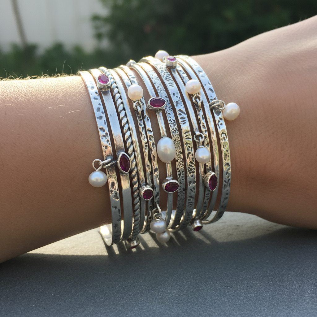 Textured Pearl Ruby Bangle Set